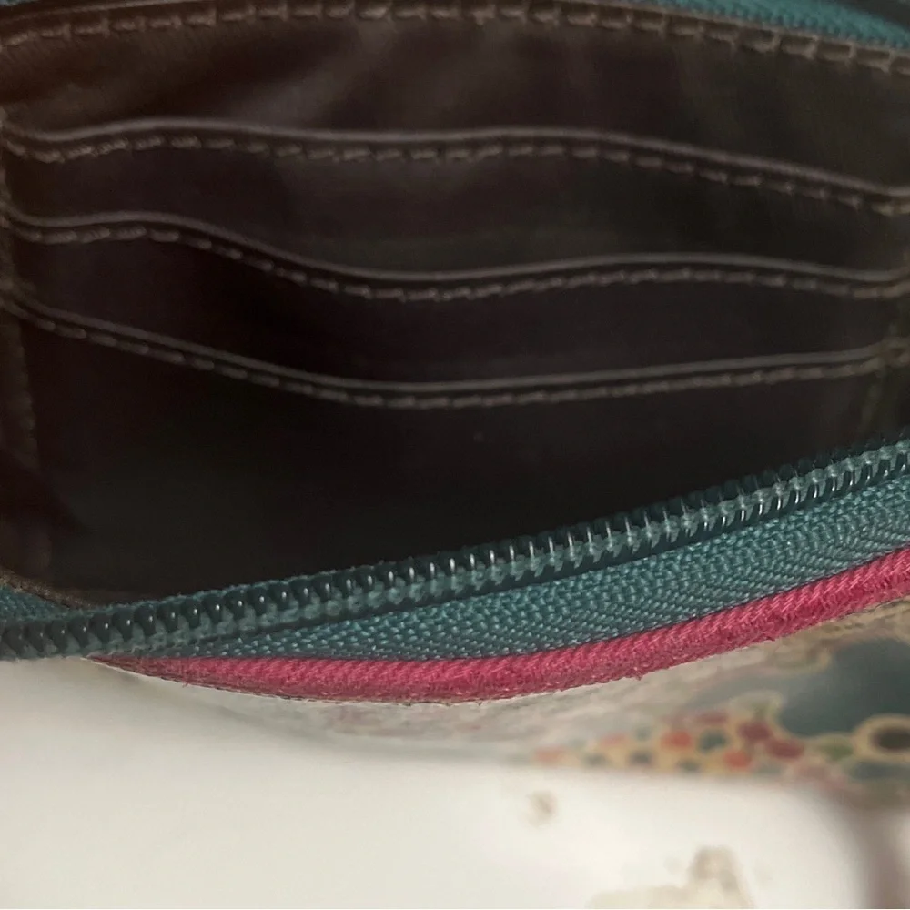 FOSSIL Key-Per Wristlet Coated Canvas Floral Multicolor Brown Leather Trim